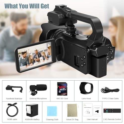6K Camcorder Video Camera 64MP IR Night Vision Vlogging Camera for YouTube 18X Digital Zoom 4.0 Inch Touch Screen Video Camera with WiFi, Microphone, Stabilizer, Remote Control, 64GB SD Card 7