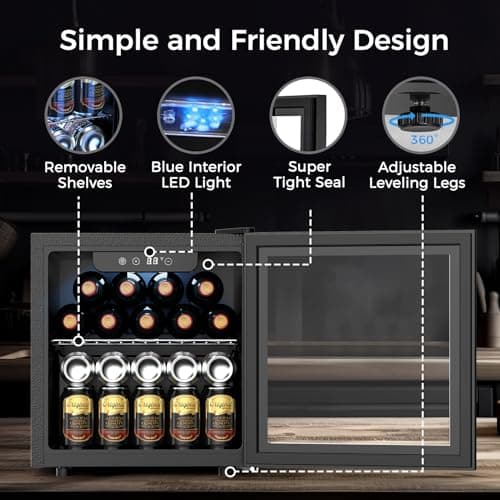 Kndko Mini Beverage Refrigerator - 48 Can Mini Fridge with Digital Temperature Control, LED Light, Reversible Door, Perfect for Home, Office, Bar, and Game Room - 1.3 Cu.Ft, Black 6