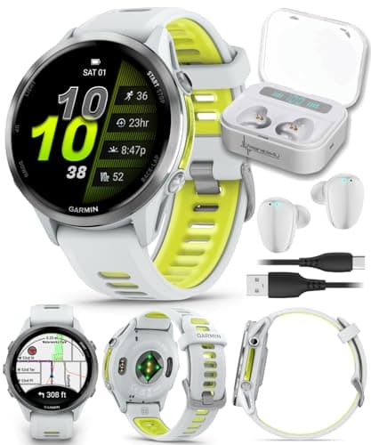 Garmin Forerunner 955, GPS Running Smartwatch, Tailored to Triathletes, Long-Lasting Battery, Whitestone with Wearable4U White Earbuds Bundle