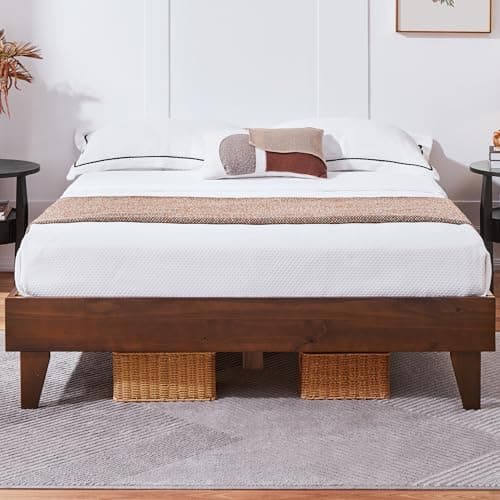 Yaheetech Full Bed Frame Deluxe Natural Solid Pine Wood Platform Bed, Reserved Holes for DIY Headboard/Wooden Slats Support/7.5 inch Clearance Space/No Noise/Easy Assembly, Smoked Walnut Full Bed