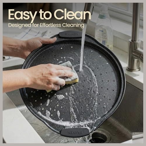 Bakken Pizza Baking Pan - Round Perforated Carbon Steel Pan with Non-Stick Marble Coating, Oversized Silicone Handle, Dishwasher Safe, High-Temperature Resistant, Durable & Easy Cleanup Gray, 1 Pack 7