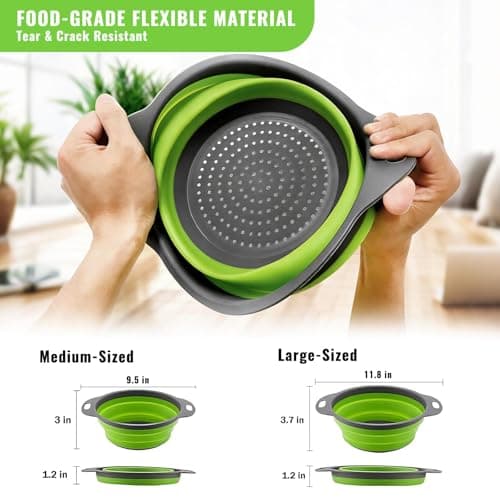 Collapsible Colander Set of 2, Folding Kitchen Strainers with Handles, Space-Saving Over-the-Sink Drainers for Pasta, Veggies & Fruit, BPA-Free, Dishwasher Safe, RV & Camping (Green) 6