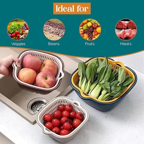 6-Piece Vegetable Washing Basket Set – 2-in-1 Colander and Bowl Set | Stackable Kitchen Strainer | BPA-Free Food Strainer for Fruits, Veggies & Pasta | Safe & Space-Saving Meal Prep. 7