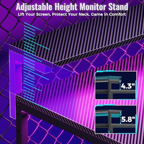 PRAISUN 61.7" Gaming Desk with LED Lights & Outlets, Computer Desk with 3 Fabric Drawers, PC Desk with PC Case Stand & Movable Storage Shelves, Monitor Stand, Reversible, Carbon Fiber Black 8