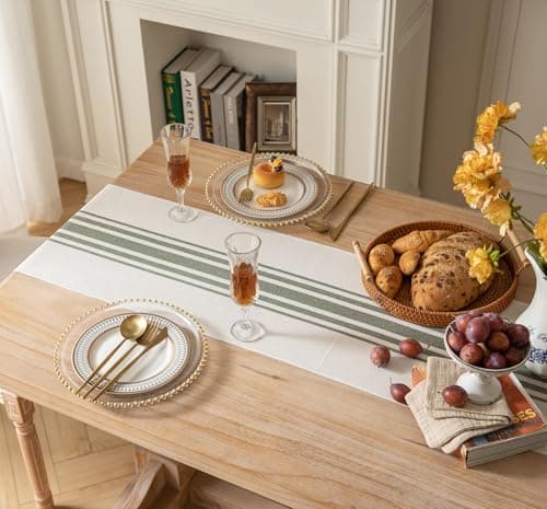 Caflife Boho Table Runner for Modern Farmhouse Decor, Dining Table décor 13 x 72 Inch Long with Handcrafted Tassels, Green and Beige Stripe Table Runner for Home Boho décor 5
