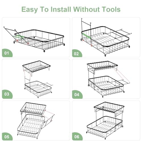 Loftiage Dish Drying Rack and Drainboard Set, Large Dish Racks for Kitchen Counter, 2 Tier Dish Strainers, Black Dish Drainer with Utensils, Pot, Knives, Cutting Board Holders and Drying Mat 7
