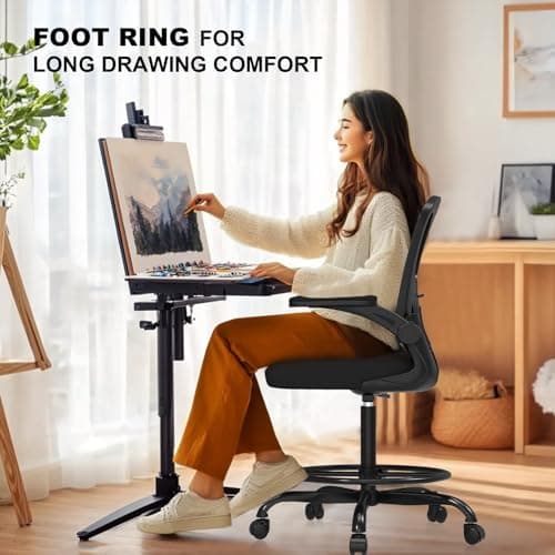 Ergonomic Drafting Chair, Tall Office Chair with Flip-up Armrests, Breathable Mesh High Desk Chair with Lumbar Support Adjustable Footrest Ring for Standing Desk Black 5