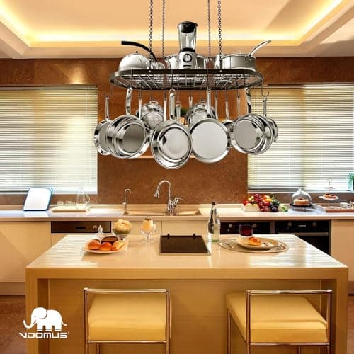 Vdomus Heavy-Duty Hanging Pot Rack - 33x17 Inches - Stylish Black Alloy Steel Ceiling Storage with 15 Hooks - Organize Kitchen Cookware and Utensils - Space-Saving Mounted Overhead Holder 5