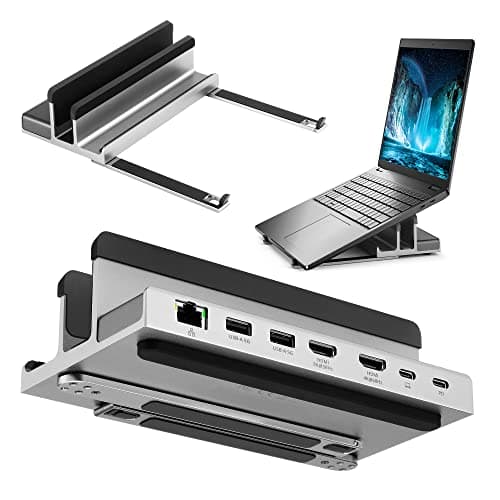 AceProAV 7 Port USB-C 14” Laptop Stand with Dual Display Docking Station, Tablet Holder Hub, Vertical Storage Desk Organizer/HDMI 8K30Hz, USB-A 5Gbps, Ethernet 1Gbps, 100W Power Delivery, Space Gray
