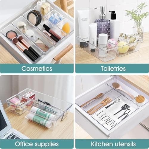 WOWBOX 25 PCS Clear Plastic Drawer Organizer Set, 4 Sizes Desk Drawer Divider Organizers and Storage Bins for Makeup, Jewelry, Gadgets for Kitchen, Bedroom, Bathroom, Office 5