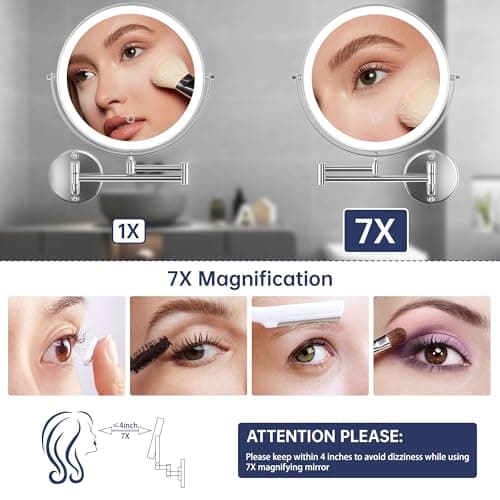 Hasipu 10-Inch Wall Mounted Makeup Mirror with Magnification, Rechargeable 3000 mAh Vanity Mirror with Lights, Bathroom Mirror with Dimmable Brightness, 3 Lighting Modes, Extendable Arm, Chrome 7