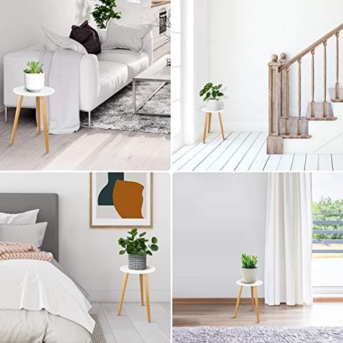 Uneedem Wood Mid Century Plant Stand for Indoor Plants, Modern Table, Tall Holder for Flower Pots, Small Round Side/End Table(A2 White, High: 16.5") 5