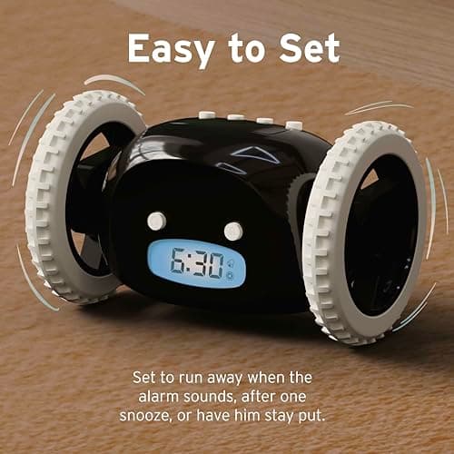 CLOCKY Alarm Clock on Wheels – Loud Rolling Alarm Clock for Heavy Sleepers | Runaway Clock that Jumps & Runs to Wake You Up | Funny Unique Gift for Adults, Teens & Kids Bedrooms (Black) 6
