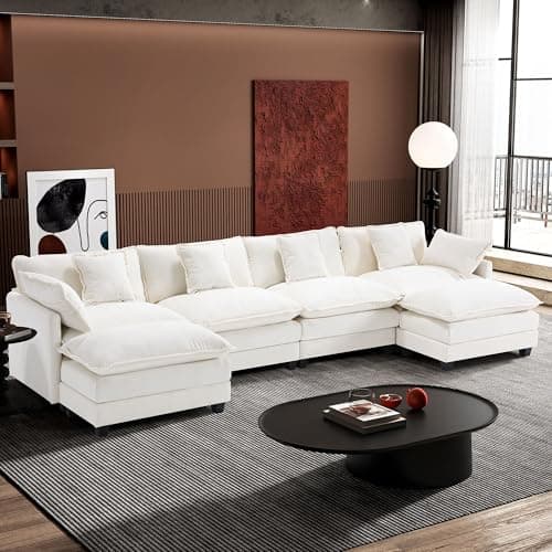 Ihanherry 146" U-Shaped Modern Sofa Modular Sectional Cloud Couch with 2 Ottoman, 6-Seat Chenille Deep Seat Sofa with 6 Pillows for Living Room, Bedroom and Apartment, Beige