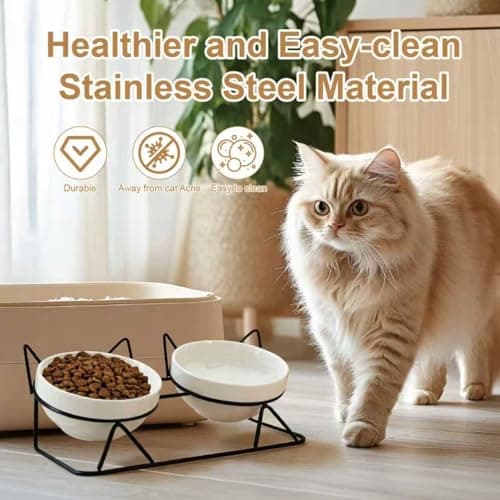 Elevated Tilted Cat Bowls for Indoor Cats，Raised Ceramic Cat Bowl Elevated 15°,Pet Feeding Bowls for Food and Water Anti Vomiting Bowl(Double Ceramics and Tilt Shelf) Suitable 7