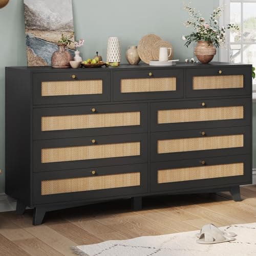 AOGLLATI Black Rattan Dresser for Bedroom with 9 Drawer, Modern Double Wooden Long Bedroom Dresser, Chest of Drawers with Metal Handle & Solid Wood Legs for Bedroom/Living Room, Black