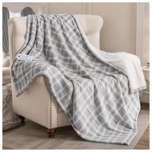 Heated Blanket Electric Throw, 50X60 Heating Throw with 8 Heating Levels & 8 Time Settings, Grey Plaid Washable Warm Soft Flannel Blanket Gift for Couch Bed Office, ETL Certified