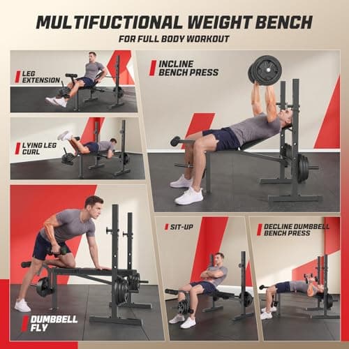 OPPSDECOR Standard Adjustable Weight Bench Set, Bench Press with Squat Rack & Leg Extension and Leg Curl Workout Bench for Home Gym Full Body Workout Folding Strength Training Adjustable Benches (Deep Black) 6