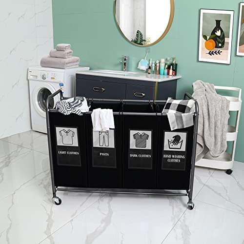 C&AHOME 4-Bag Laundry Sorter Cart, Rolling Laundry Hamper Organizer, Laundry Basket Sorter, Removable Bags with 6 Sorting Card and Heavy Duty Rolling Lockable Wheel for Clothes Storage, Black ULSCM04B 6