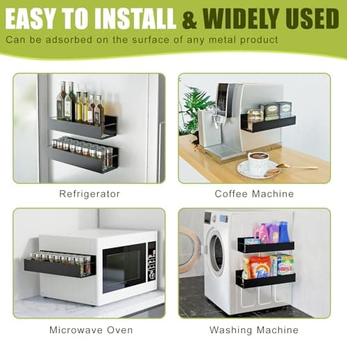 Hoenart Moveable Spice Organizer, 2 Pack Metal Strong Magnetic Shelf for Fridge and Microwave Oven, Space Saving for Kitchen (Black) 9