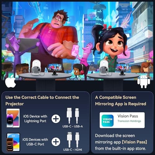 Mini Projector, Native 1080P Portable Projector with Carrying Case, 4K Support, 270°Rotatable Outdoor Movie Proyector, Home Theater Projector Compatible with Phone/TV Stick/Laptop/PS4/HDMI/USB 8