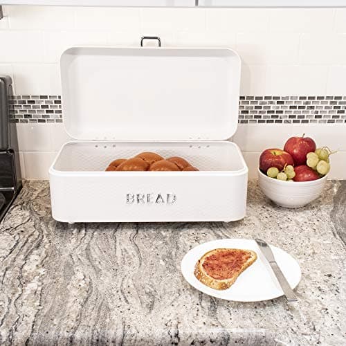 Bread Box For Kitchen Countertop, Metal, (White) | By Home Basics, Vented With Hinge Top and Non-Skid Feet | Large Bread Box | Keeps Loaves, Bagels, Croissants Fresh 6