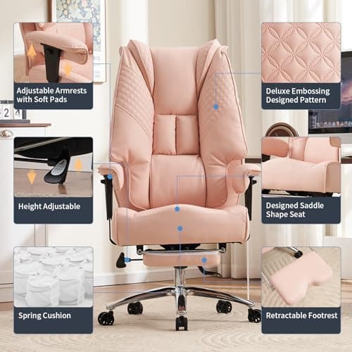 EXCEBET Big and Tall Office Chair 400lbs Wide Seat, Leather High Back Executive Office Chair with Foot Rest, Ergonomic Chairs Lumbar Support for Lower Back Pain Relief (Light Pink) 3
