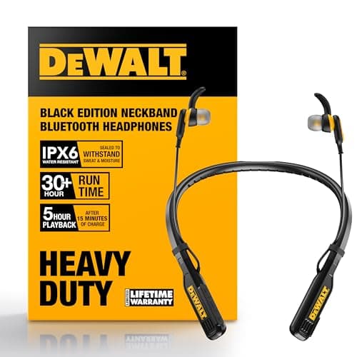 DEWALT Heavy Duty Magnetic Bluetooth Neckband Headphones, Wireless Around the Neck Earbuds w/30H Runtime+Noise Isolation, HandsFree Magnetic Wireless Earphones w/Mic Bluetooth Headsets - Black Edition