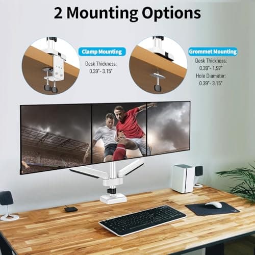 MOUNTUP Triple Monitor Mount for 17-32 inch Screens, Full Motion Triple Monitor Stand, Gas Spring 3 Arm Desk Mount Holds 4.4-19.8 lbs Each, Clamp & Grommet Mounting, White 5