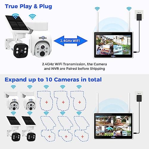 Hiseeu Wireless Security Camera System Outdoor,PTZ Dome + Bullet Solar-Powered Camera Outdoor,[1TB HDD,4MP Spotlight] 10CH 10 Inch LCD,Smart Human Detection,2-Way Audio, No Montly Fees 5