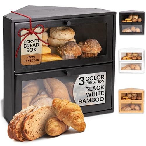 BakedBin Corner Bread Box for Kitchen Countertop - New 2026 Airtight Design - Extra Large, Double Layer Black BreadBox, Vintage Storage for Homemade Bread, Under Cabinet Organizer