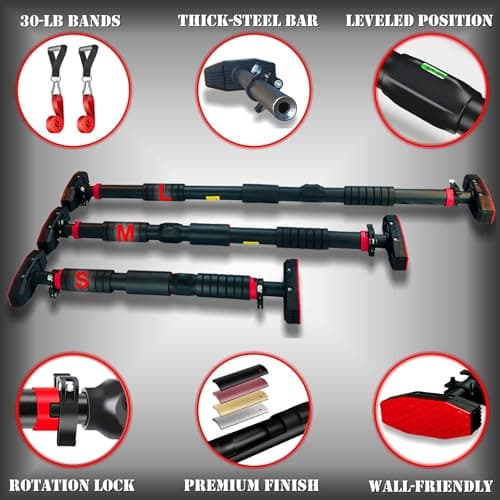 IRONSURGE Pull Up Bar for Doorway 6-piece Set with Two Attachable Resistance Bands, Training Manual, Door frame Chin Up Bar, and Two Angled Supports For Home Gym Workout, No Screws, Max 680lbs, 6