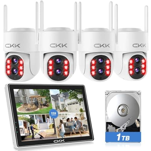 CKK 2K 4pcs Security Camera Wireless Outdoor with NVR System, 1TB HDD, Dual Lens, 10" LCD Monitor, PIR Motion Detection, Color Night Vision, 2-Way Talk, IP66 Waterproof, Audible & Floodlight Alarm