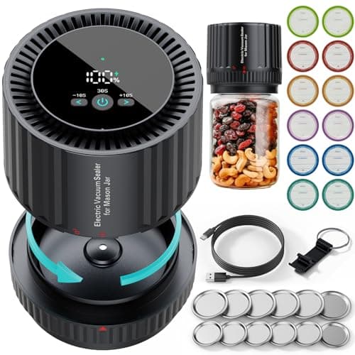 2025 Latest Updated Electric Mason Jar Vacuum Sealer Kit, Firm Sealing & Anti-Slip, Extra Lips*12 & Labels*12 Included, One Button Start Easy to Operate, for Wide Mouth or Regular Mouth of Mason Jars