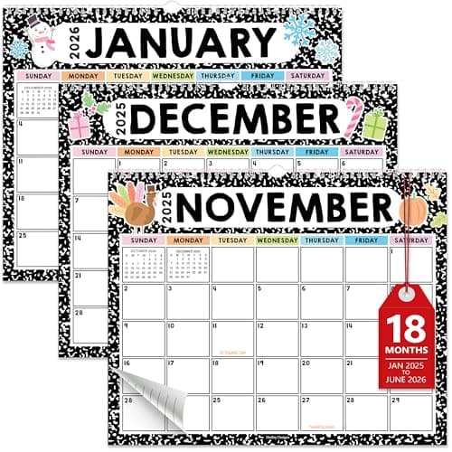 Hadley Designs Wall Calendar 2025-2026 – 18-Month Hanging Calendar 2025-2026 for Family, Home, School, & Office, Spiral Bound with Large Date Blocks & Notes Sections (Doodle)