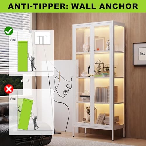 UNICOLY Display Cabinet with Glass Doors, Glass Display Cabinet with 3 Color LED Lights, Curio Display Cabinet with 3 Shelves for Living Room & Plant, Display Shelf, Assembly Required, White 5