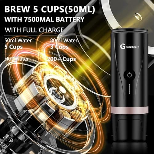Glueckzeit Self-Heating Portable Electric Espresso Machine,Type-C Travel Coffee Machine for Car & Camping, Compatible With Ground Coffee & coffee capsules for Ideal for RV, Hiking, Office - Black 8