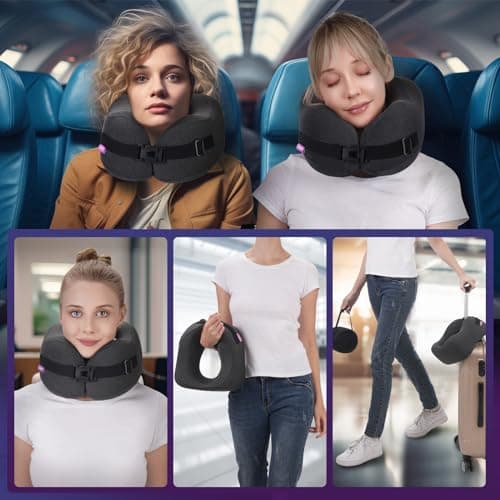CSJT Travel Pillow Vac Compressed Memory Foam Neck Pillow Airplane,Comfortable,Neck Support,Machine Washable,Airplanes Travel Essentials Accessories for Office,Flight,Cars Breaks Sleeping(Black) 7