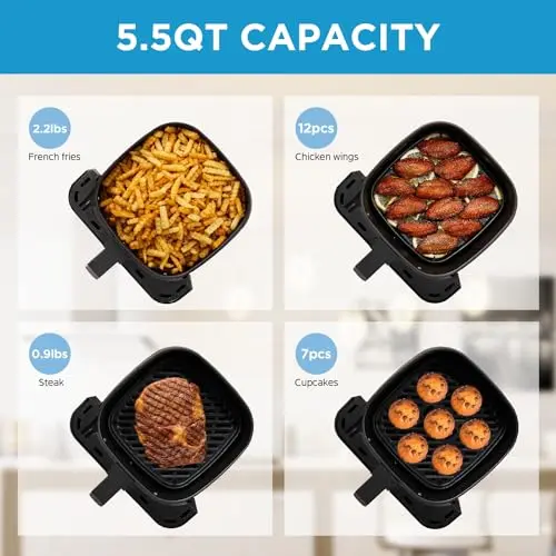 Midea Air Fryer 5.5QT, Rapid Air Technology, 9 Preset Menus, Quick and Easy Meals, 1 Minute Button and Favorite Function, 90% less oil, Easy to Clean, Varied Recipes 5