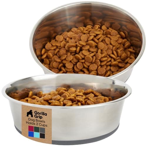 GORILLA GRIP Dog Bowls, Food Grade 304 Stainless Steel, Holds 2 Cups Each (16 fl oz) Food and Water Bowl for Feeding Dogs and Cats, Dishwasher Safe, Rust Resistant, BPA Free Rubber Base Set of 2 Gray