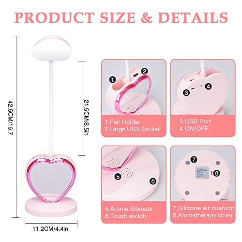 LED Desk Lamp, Cute Pink Desk Lamp with USB Charging Port/Pen Holder and Phone Stand, Touch Control Reading Lamp with 2 Color Modes,Eye-Caring Study Table Lamp for Kids Girls College Dorm Bedroom 6