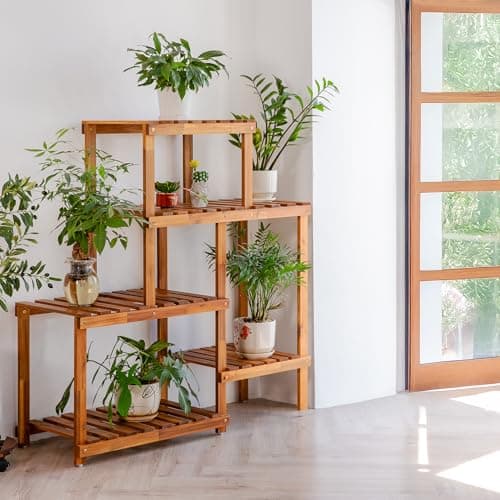 VICTORY RELAX 5 Tier Acacia Wood Plant Stand, Wooden Stepped Slatted Holder Up to 9 Pots, Tall 48 Inch Storage Rack Cabinet for Balcony Living Room Deck Balcony Garden Patio 7