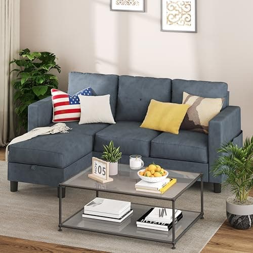 Shintenchi Small Sectional Couch with Ottoman, 3 Seat L Shaped Sofa, Fabric Upholstered Convertible Sofa Couches, Small Couch for Apartments, Living Room and Office(Dark Grey) 5