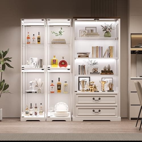 WEQUB Glass Display Cabinet with Doors, 65" Tall 4-Tier Curio Display Case with 3 Color Lights and Human Body Sensor, Bookcase for Collectibles, White 6