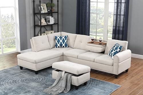 Wakefit Sectional Sofa Couch, Modern 4-Seaters Living Room Furniture Sets with Chaise Lounge, Ottoman & 2 Pillows | L Shape Couch | Cup Holder | Linen Fabric, Beige