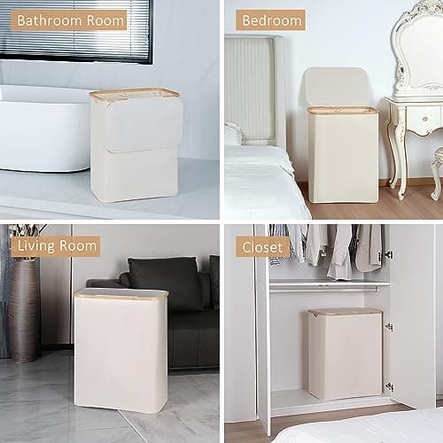 iEGrow 150L Laundry Basket with Lid, Large Laundry Hamper with Bamboo Handle, Collapsible Dirty Clothes Hamper Organizer with 2 Removable Inner Bags for Clothes Toys Towels - Beige 7