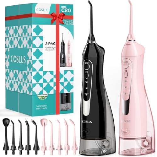 COSLUS 2 Pack C20 Cordless Water Flosser with Elegant Packaging for Teeth, Braces, Gums Care - Easy to Use, Rechargeable, Waterproof, Portable for Travel, BPA-Free, Black & Pink