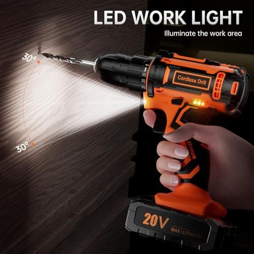 20V Cordless Drill Set, Electric Power Drill with Battery 2.0Ah and Charger, Home Drill 3/8-Inch Keyless Chuck, 2 Variable Speed, 25+1 Position, 42pcs Drill Driver Bits/Screws for DIY 6