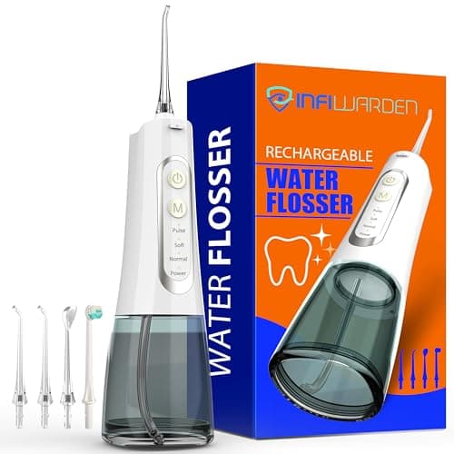 Portable Cordless Water Flosser, Rechargeable Water Dental Flosser with 1500 mAh Battery, IPX7 Waterproof, 4 Modes 4 Jet Tips, Type-C Charging for Travel & Home (White)