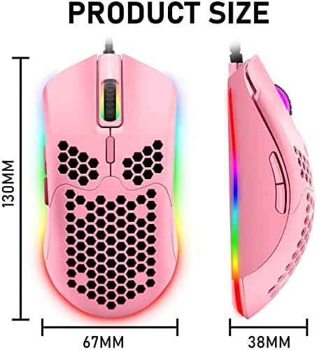 Lightweight Gaming Mouse,26 kinds RGB Backlit Mice,PixArt 3325 12000 DPI Mouse,Ultralight Honeycomb Shell Ultraweave Cable Mouse and Anti-key Can Be Set for PC Gamers and Xbox and PS4 Users(Pink) 8